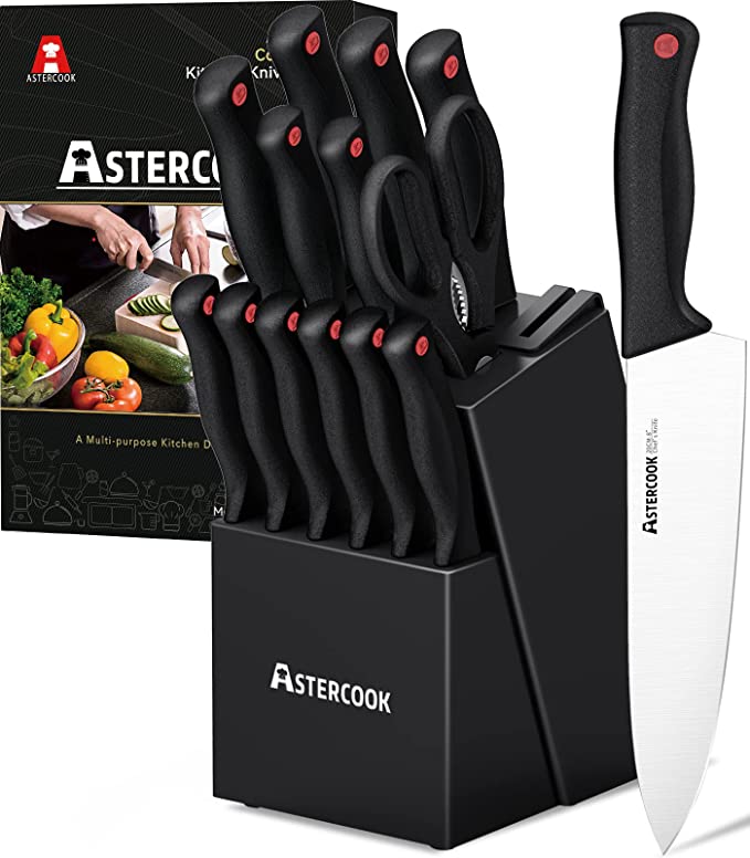 Astercook Knife Set with Built-in Sharpener Block, Dishwasher Safe Kitchen Knife  Set with Block, 14 Pcs High Carbon Stainless Steel Block Knife Set with  Self Sharpening and 6 Steak Knives, Black – ATTARSONG