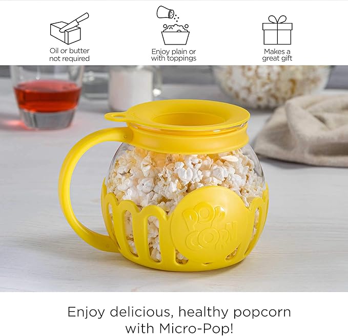 Ecolution Patented Micro-Pop Microwave Popcorn Popper with Temperature Safe Glass, 3-in-1 Lid Measures Kernels and Melts Butter, Made Without BPA, Dishwasher Safe, 1.5-Quart, Yellow