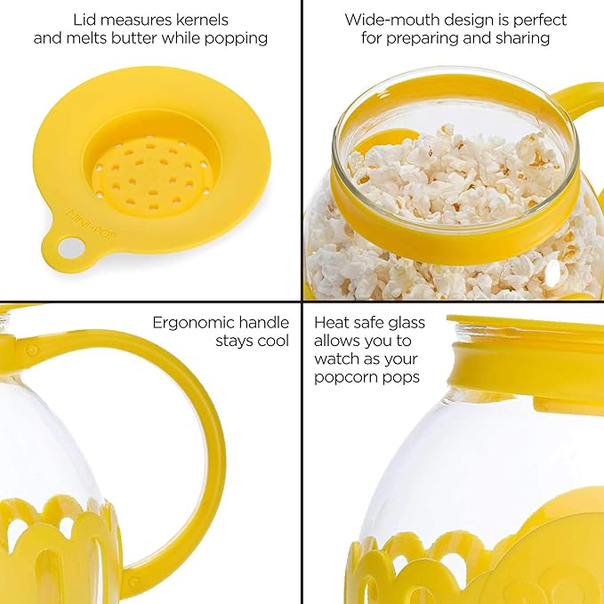 Ecolution Patented Micro-Pop Microwave Popcorn Popper with Temperature Safe Glass, 3-in-1 Lid Measures Kernels and Melts Butter, Made Without BPA, Dishwasher Safe, 1.5-Quart, Yellow