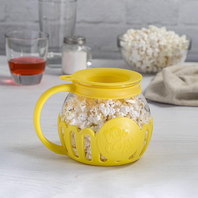 Ecolution Patented Micro-Pop Microwave Popcorn Popper with Temperature Safe Glass, 3-in-1 Lid Measures Kernels and Melts Butter, Made Without BPA, Dishwasher Safe, 1.5-Quart, Yellow