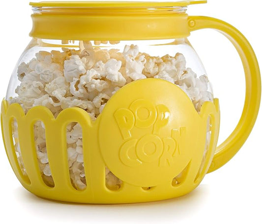 Ecolution Patented Micro-Pop Microwave Popcorn Popper with Temperature Safe Glass, 3-in-1 Lid Measures Kernels and Melts Butter, Made Without BPA, Dishwasher Safe, 1.5-Quart, Yellow