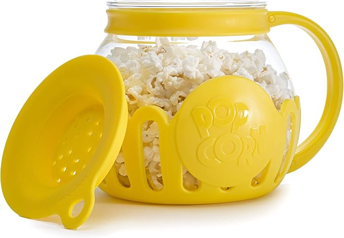 Ecolution Patented Micro-Pop Microwave Popcorn Popper with Temperature Safe Glass, 3-in-1 Lid Measures Kernels and Melts Butter, Made Without BPA, Dishwasher Safe, 1.5-Quart, Yellow