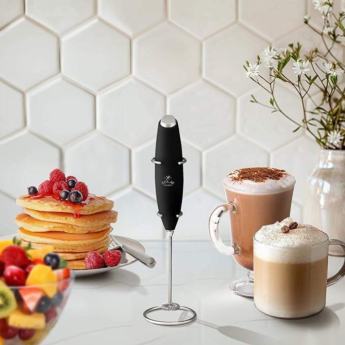 Zulay Kitchen Powerful Milk Frother Wand - Ultra Fast Handheld Drink Mixer - Electric Whisk Foam Maker for Coffee, Lattes, Cappuccino, Frappe, Matcha, Hot Chocolate & Coffee Creamer - Milk Boss Black