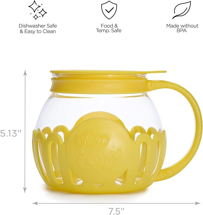 Ecolution Patented Micro-Pop Microwave Popcorn Popper with Temperature Safe Glass, 3-in-1 Lid Measures Kernels and Melts Butter, Made Without BPA, Dishwasher Safe, 1.5-Quart, Yellow