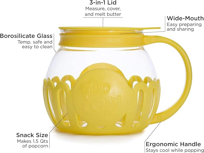 Ecolution Patented Micro-Pop Microwave Popcorn Popper with Temperature Safe Glass, 3-in-1 Lid Measures Kernels and Melts Butter, Made Without BPA, Dishwasher Safe, 1.5-Quart, Yellow