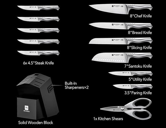 WIZEKA Kitchen Knife Set with Block, Dishwasher Safe 15 Pcs Professional Chef Knife Set with Knife Sharpener, Food Grade German Stainless Steel Knife Block Set, Jaguar Series with Gift Box