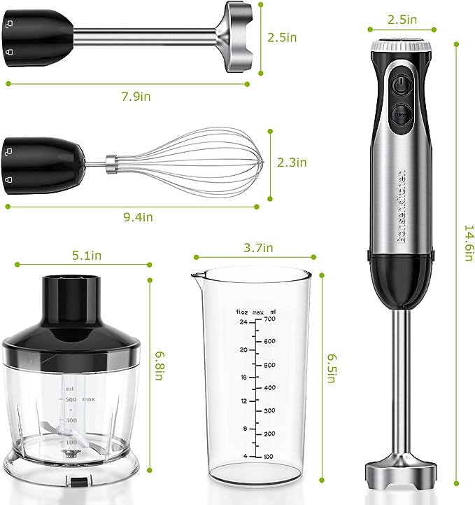 Bonsenkitchen Immersion Blender, 20 Variable Speeds & Turbo, 4-In-1 Stainless Steel Handheld Blender Stick Mixer with Egg Whisk, Beaker & Chopper Bowl