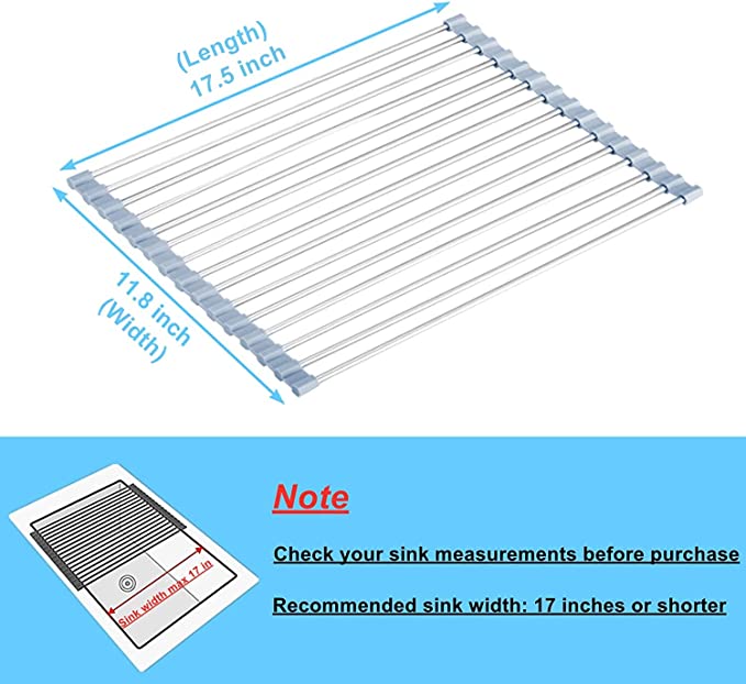 Seropy Roll Up Dish Drying Rack, Over The Sink Dish Drying Rack Kitchen Rolling Dish Drainer, Foldable Sink Rack Mat Stainless Steel Wire Dish Drying Rack for Kitchen Sink Counter (17.5''x11.8'')