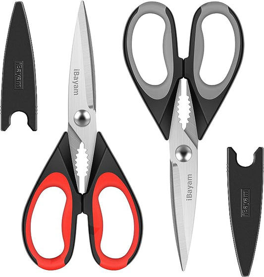 Kitchen Shears, iBayam Kitchen Scissors All Purpose Heavy Duty Meat Scissors Poultry Shears, Dishwasher Safe Food Cooking Scissors Stainless Steel Utility Scissors, 2-Pack (Black Red, Black Gray)