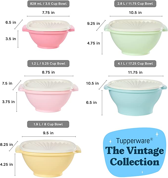 Tupperware Heritage Wonderlier 7 Cup Food Storage Bowl Set of 2 in Vintage Colors- Dishwasher Safe & BPA Free - (2 Containers + 2 Lids)