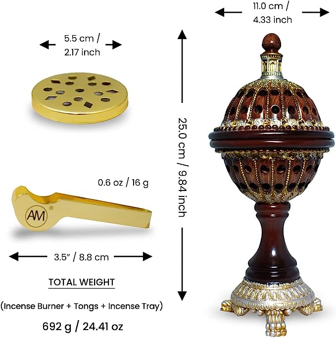 AM Incense Burner Frankincense Resin - Luxury Globe Charcoal Bakhoor Burners for Office & Home Decor (Brown)