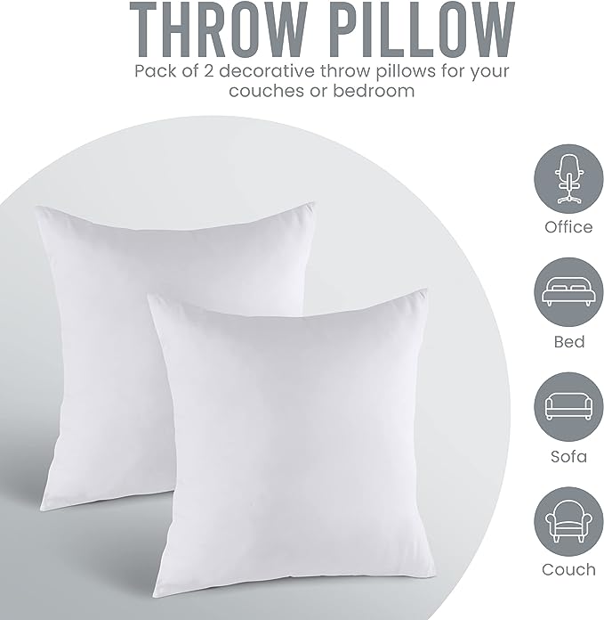 Utopia Bedding Throw Pillows Insert (Pack of 2, White) - 18 x 18 Inches Bed and Couch Pillows - Indoor Decorative Pillows