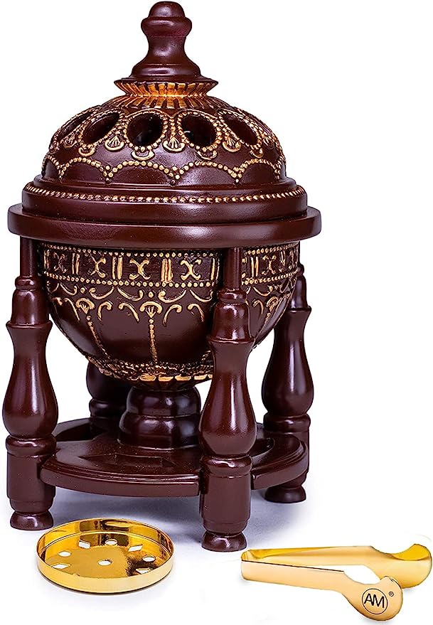 AM Charcoal Incense Burner - Bakhoor Burner, Oud Frankincense Resin Burner - for Office & Home Decor - Lavish 4 Pillar Brown