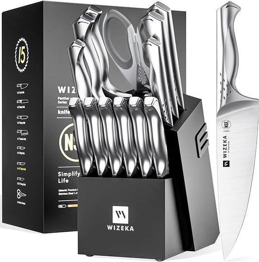 WIZEKA Kitchen Knife Set with Block, Dishwasher Safe 15 Pcs Professional Chef Knife Set with Knife Sharpener, Food Grade German Stainless Steel Knife Block Set, Jaguar Series with Gift Box