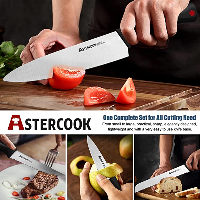 Astercook Knife Set with Built-in Sharpener Block, Dishwasher Safe Kitchen  Knife Set with Block, 14 Pcs High Carbon Stainless Steel Block Knife Set  with Self Sharpening and 6 Steak Knives, Black – ATTARSONG