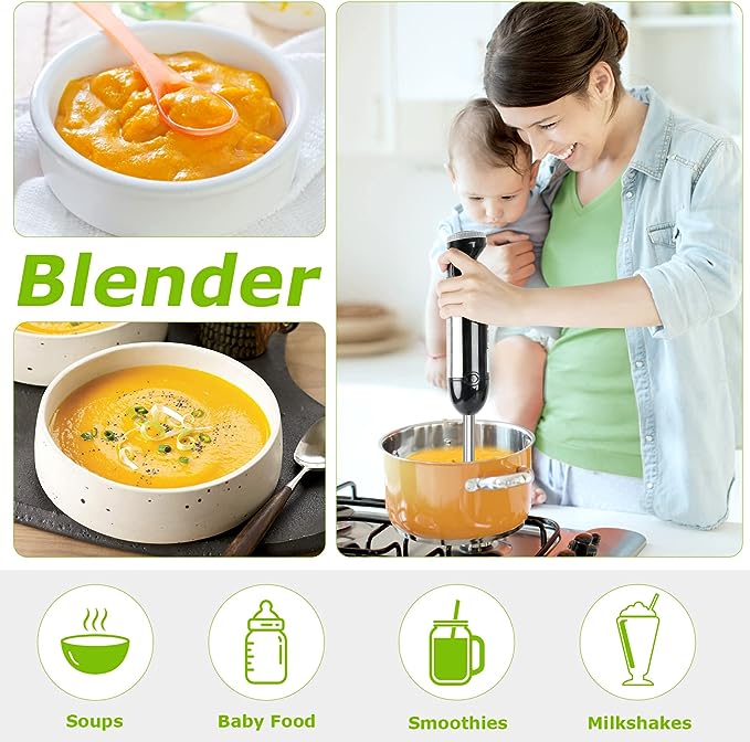 Bonsenkitchen Immersion Blender, 20 Variable Speeds & Turbo, 4-In-1 Stainless Steel Handheld Blender Stick Mixer with Egg Whisk, Beaker & Chopper Bowl