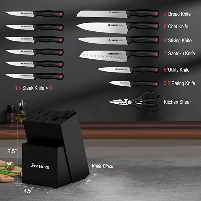 Astercook Knife Set with Built-in Sharpener Block, Dishwasher Safe Kitchen  Knife Set with Block, 14 Pcs High Carbon Stainless Steel Block Knife Set  with Self Sharpening and 6 Steak Knives, Black – ATTARSONG