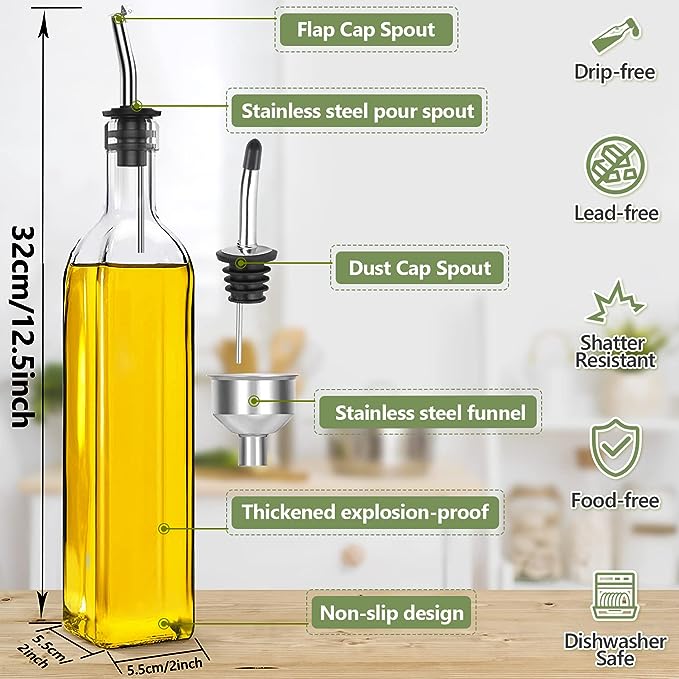 Leaflai 17oz Olive Oil Dispenser Bottle, 500ml Oil & Vinegar Cruet with 2 Stainless Steel Pourers, 2 Labels,1 Brush and 1 Funnel for Kitchen