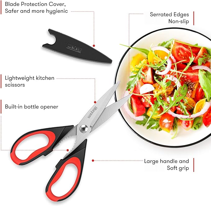 Kitchen Shears, iBayam Kitchen Scissors All Purpose Heavy Duty Meat Scissors Poultry Shears, Dishwasher Safe Food Cooking Scissors Stainless Steel Utility Scissors, 2-Pack (Black Red, Black Gray)