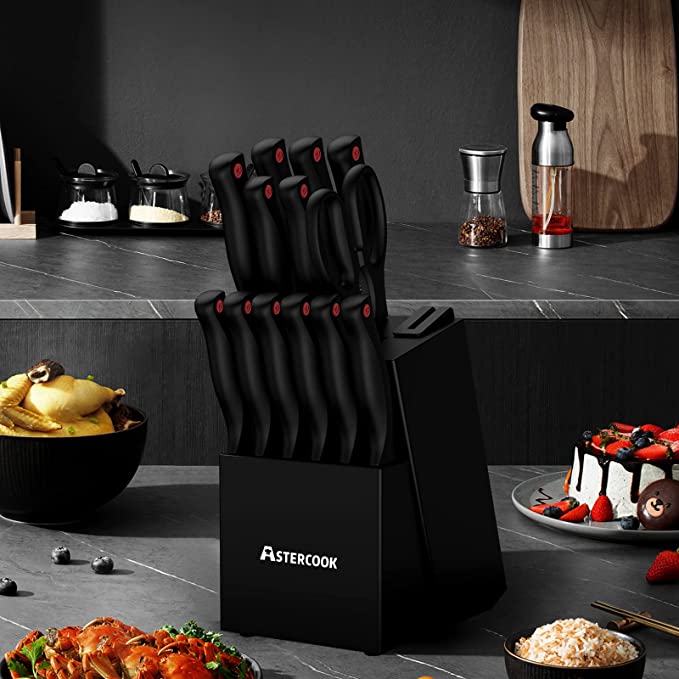 Astercook Knife Set with Built-in Sharpener Block, Dishwasher Safe