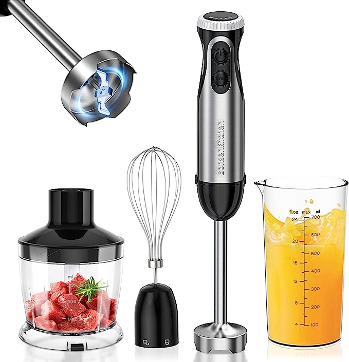 Bonsenkitchen Immersion Blender, 20 Variable Speeds & Turbo, 4-In-1 Stainless Steel Handheld Blender Stick Mixer with Egg Whisk, Beaker & Chopper Bowl