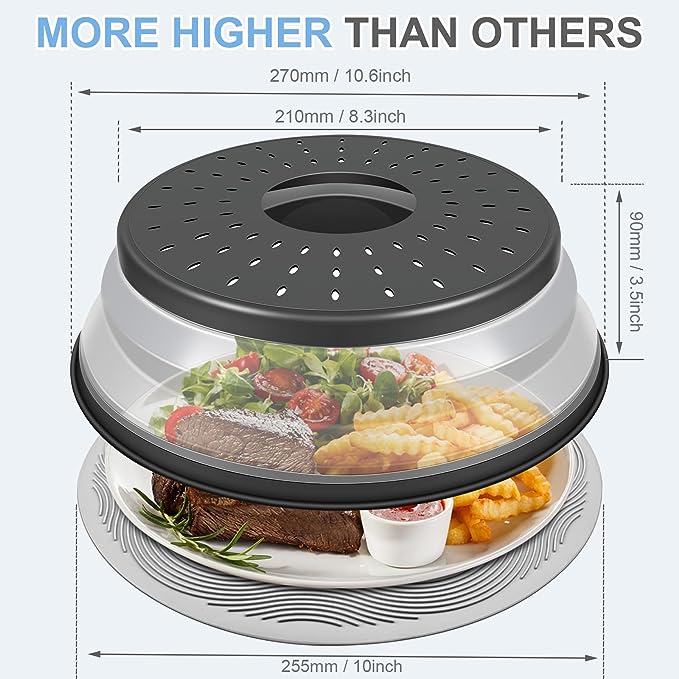 LekDrok Microwave Food Cover with Mat 10 Inch, Mat as Bowl Holder, Cover for Splatter Guard, Collapsible Lid for Plate Dish, Multi-Purpose Silicone Mat & Kitchen Colander Gadget for Meal Prep,Charcoal