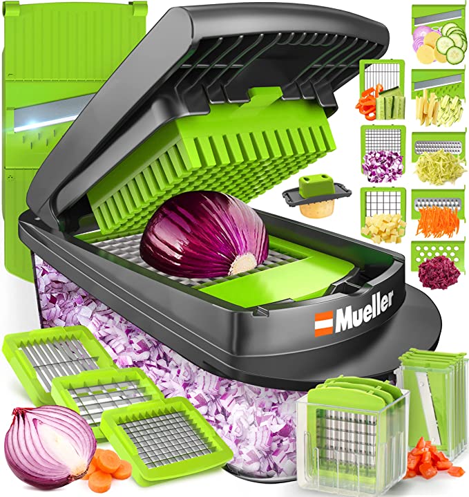 Mueller Pro-Series 10-in-1, 8 Blade Vegetable Slicer, Onion Mincer Chopper, Vegetable Chopper, Cutter, Dicer, Egg Slicer with Container