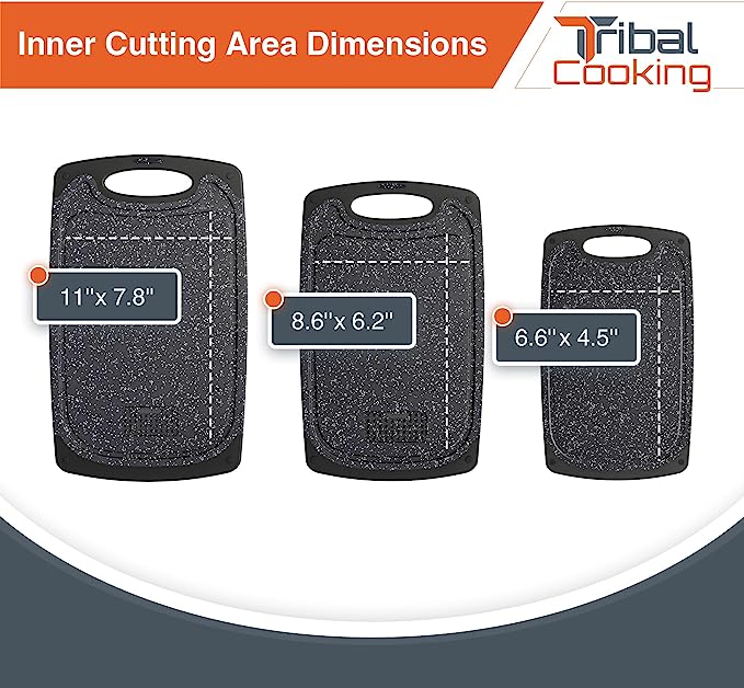 Tribal Cooking Cutting Boards - 3 Set - Warrior Strength Small to Extra Large Cutting Boards for Kitchen, Meat, Vegetables - Dishwasher Safe, Juice Groove, Non-Slip Rubber Chopping Board Set