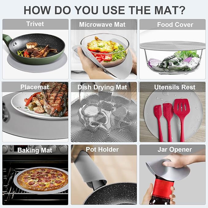 LekDrok Microwave Food Cover with Mat 10 Inch, Mat as Bowl Holder, Cover for Splatter Guard, Collapsible Lid for Plate Dish, Multi-Purpose Silicone Mat & Kitchen Colander Gadget for Meal Prep,Charcoal