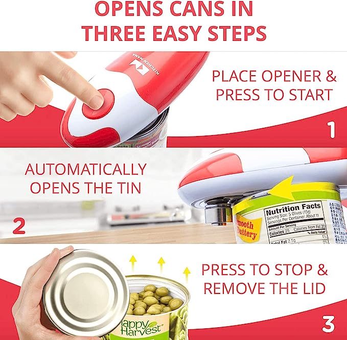 Kitchen Mama Auto Electric Can Opener: Open Your Cans with A Simple Push of Button - Automatic, Hands Free, Smooth Edge, Food-Safe, Battery Operated, YES YOU CAN (Red)