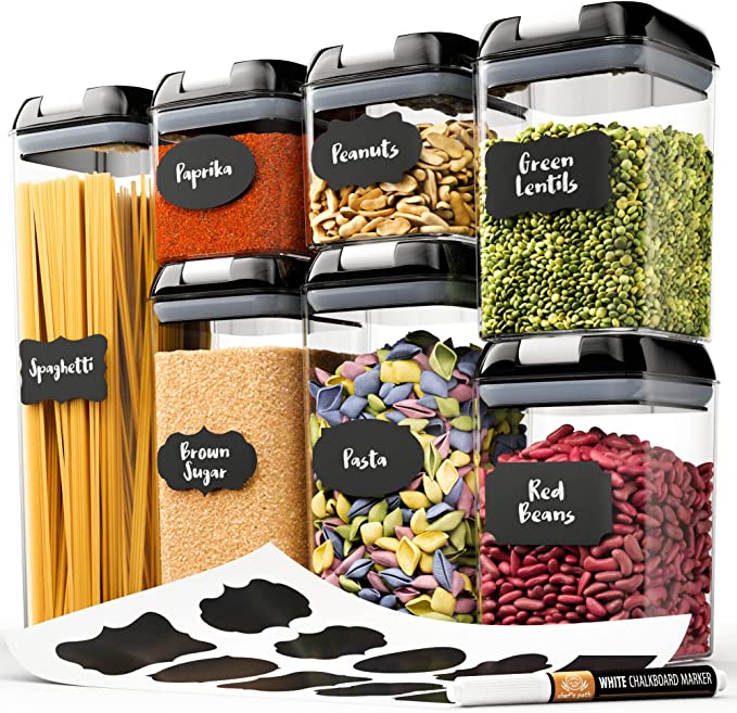 Airtight Food Storage Containers for Kitchen & Pantry Organization and Storage (7 Pack) - BPA Free Plastic Food Containers with Lock Lids - Sugar, Flour, Pasta & Cereal Canister with Labels & Marker