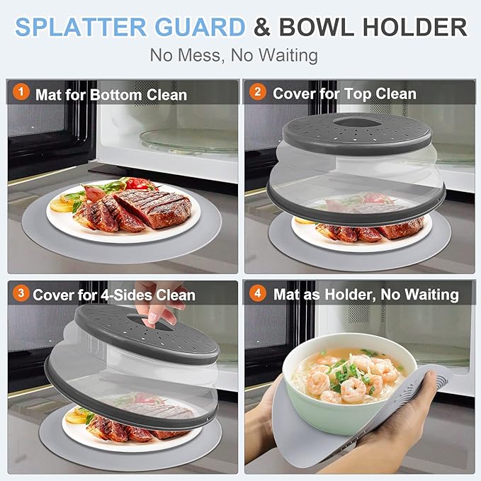 LekDrok Microwave Food Cover with Mat 10 Inch, Mat as Bowl Holder, Cover for Splatter Guard, Collapsible Lid for Plate Dish, Multi-Purpose Silicone Mat & Kitchen Colander Gadget for Meal Prep,Charcoal