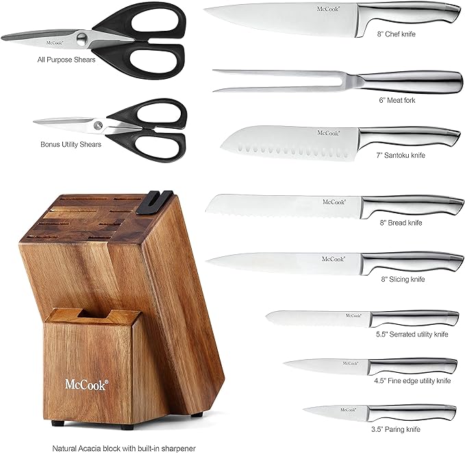 McCook® Knife Sets with Built-in Sharpener,German Stainless Steel Hollow Handle Kitchen Knives Set in Acacia Block