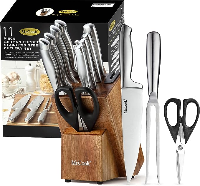 McCook® Knife Sets with Built-in Sharpener,German Stainless Steel Hollow Handle Kitchen Knives Set in Acacia Block