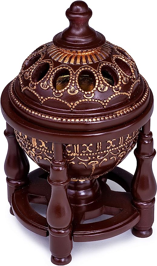 AM Charcoal Incense Burner - Bakhoor Burner, Oud Frankincense Resin Burner - for Office & Home Decor - Lavish 4 Pillar Brown