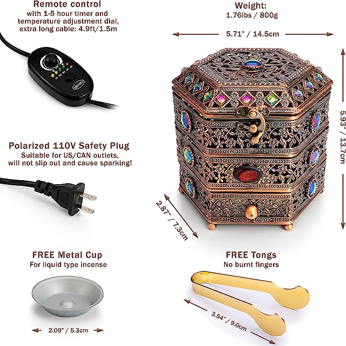 AM Electric Incense Bakhoor Burner - Oud Frankincense Burner with Adjustable Timer & Storage Drawer (Copper)