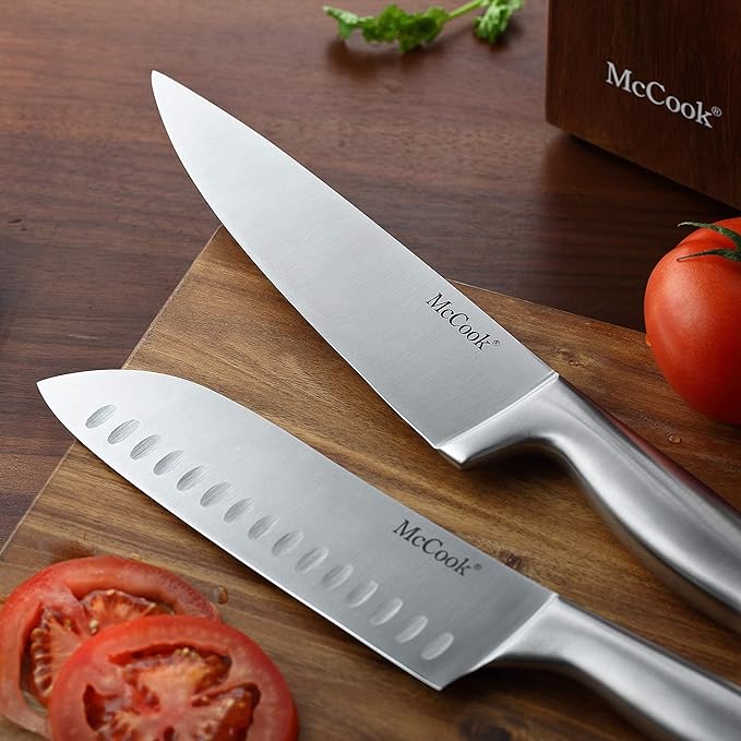 McCook® Knife Sets with Built-in Sharpener,German Stainless Steel Hollow Handle Kitchen Knives Set in Acacia Block