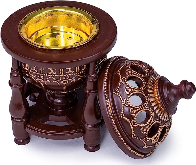 AM Charcoal Incense Burner - Bakhoor Burner, Oud Frankincense Resin Burner - for Office & Home Decor - Lavish 4 Pillar Brown