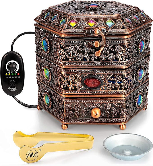 AM Electric Incense Bakhoor Burner - Oud Frankincense Burner with Adjustable Timer & Storage Drawer (Copper)